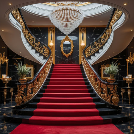 Luxury red carpet on the stairs in luxury hotel. 3d renderingの素材