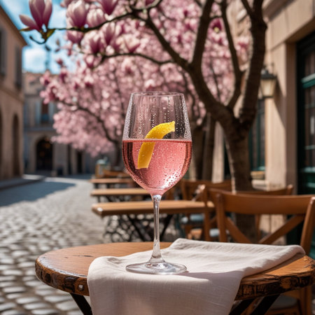 Glass of pink rose wine with lemon and blooming cherry tree in the old city.の素材