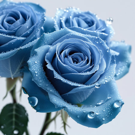 Blue rose with water drops on white background. Close-up.の素材