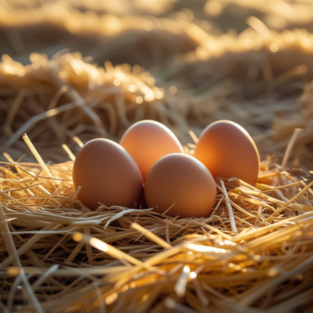 Eggs in a straw nest in the sun at sunset.の素材