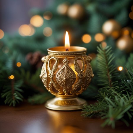 Candle in a golden candlestick on the background of a Christmas treeの素材