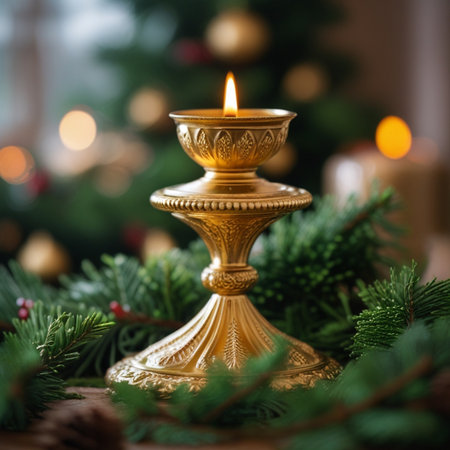Christmas decoration with burning candle in golden candlestick on wooden tableの素材