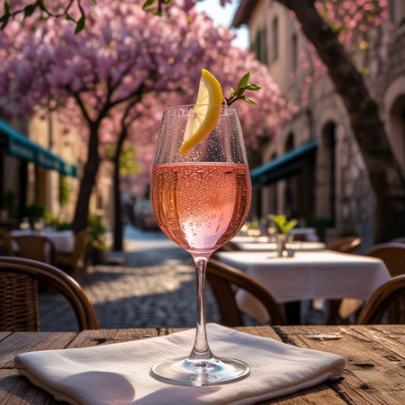 Cocktail with lemon on the background of blooming cherry treesの素材