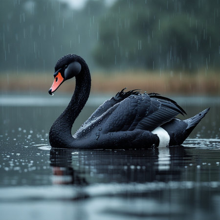 Black swan swimming in a lake with water drops in the rainの素材