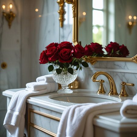 Bathroom interior with red roses in a vase and golden faucetの素材