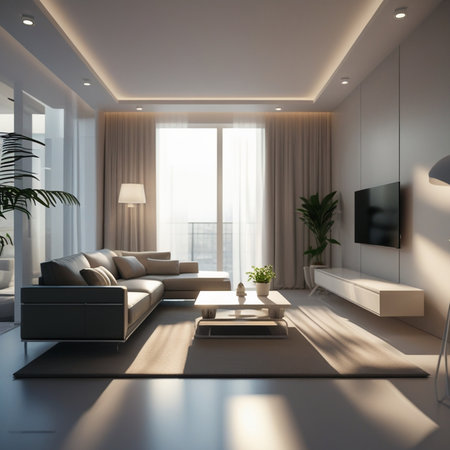 Minimalistic living room interior with sofa and coffee table. 3D renderの素材