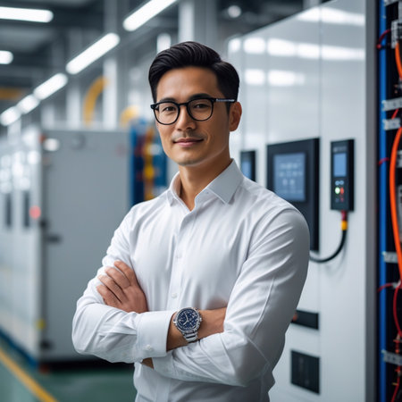 Portrait of confident young businessman standing with arms crossed in server roomの素材