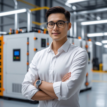 portrait of confident Asian man in eyeglasses standing with crossed arms in factoryの素材
