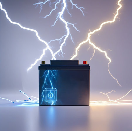 Car battery with lightning and lightning in the background. 3d renderingの素材