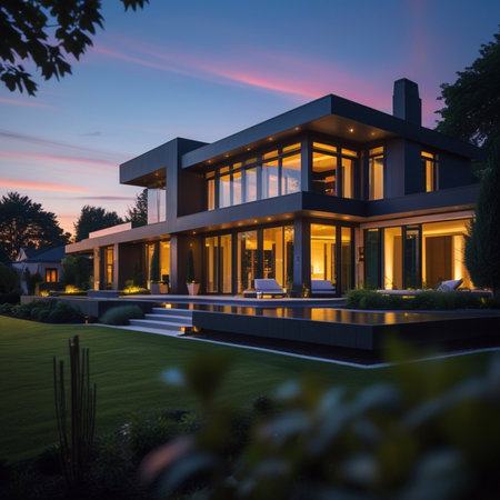 Sunset view of a luxury house with swimming pool and garden.の素材