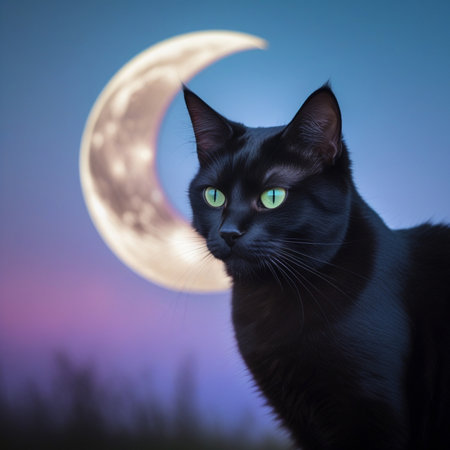 Black cat with green eyes against the background of the moon and the grass.の素材