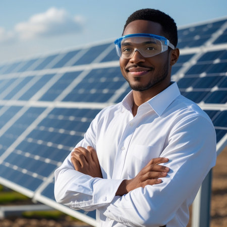 smiling african american businessman with crossed arms standing near solar panelsの素材