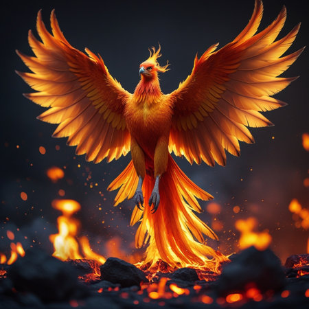 Flaming red bird in the night. 3d illustration.の素材