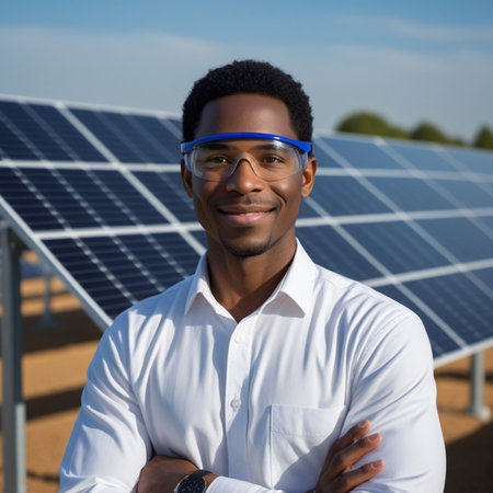 Portrait of smiling African American man standing with arms crossed against solar panelsの素材