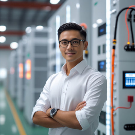 Portrait of confident young Asian man standing with arms crossed in data centerの素材