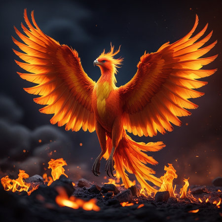 Eagle in the fire on a dark background. 3d renderingの素材