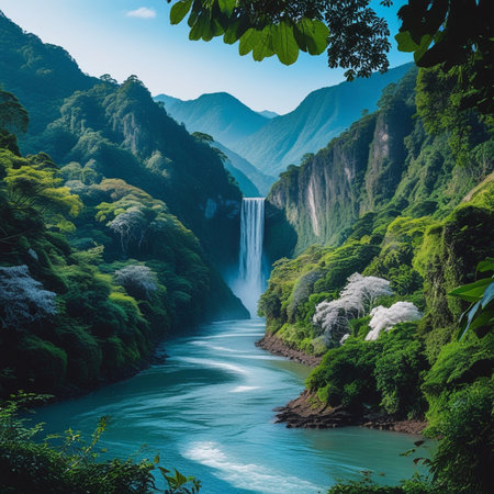 Waterfall in the deep forest. Waterfall in the mountains.の素材