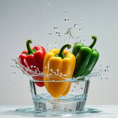 Bell pepper in water splashes on a white background. Fresh vegetablesの素材