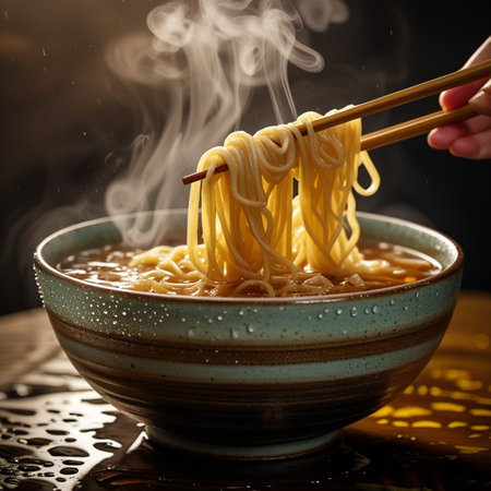 Ramen noodles in bowl with chopsticks on black background, closeupの素材
