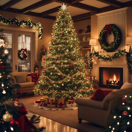 Christmas tree with presents under it in a luxurious living room with fireplaceの素材