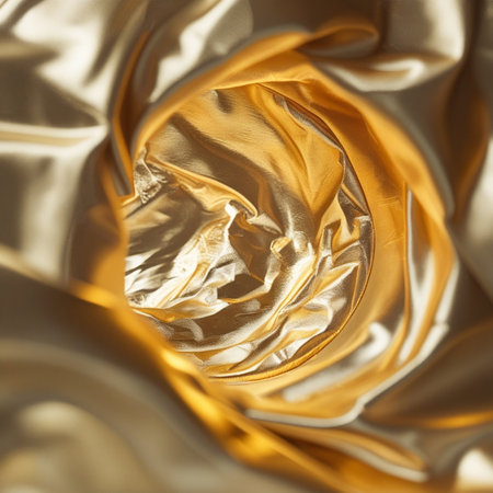 closeup of rippled golden satin fabric background studio shotの素材