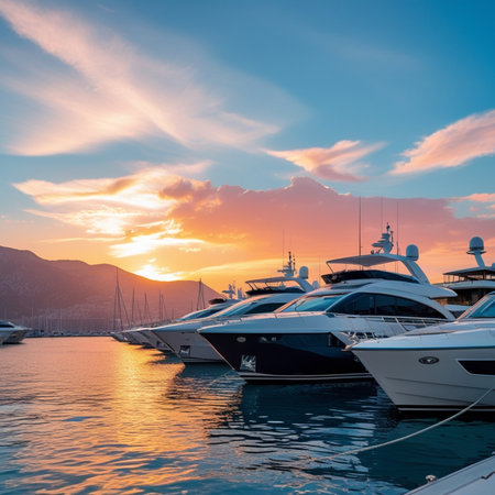 Yachts and boats in the port at sunset, Montenegroの素材