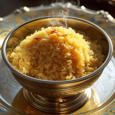 Close up of a bowl of boiled yellow rice on a golden backgroundの素材