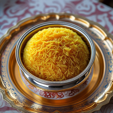 Uncooked Indian yellow rice in a metal bowl on a golden tray.の素材