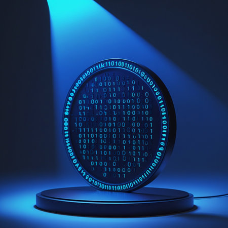 Round podium with binary code in blue light, 3d render illustrationの素材