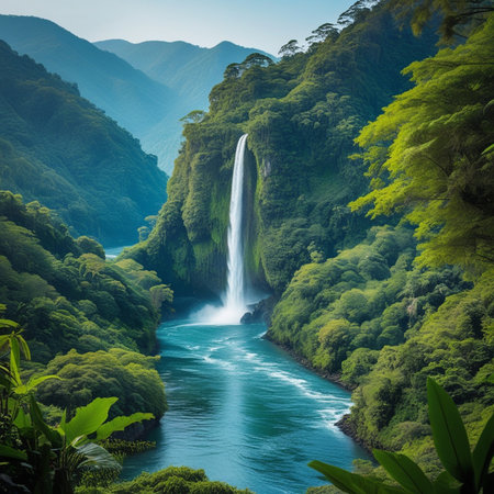 Waterfall in the jungle of New Zealand. Beautiful nature background.の素材