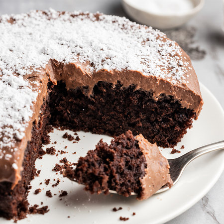 Chocolate cake with icing sugar on a white plate, selective focus.の素材