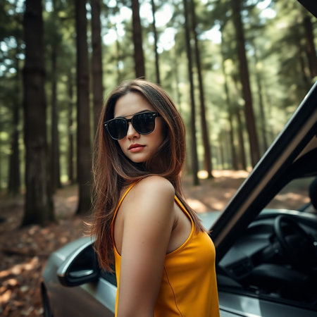 Beautiful young woman in sunglasses standing near the car in the forestの素材