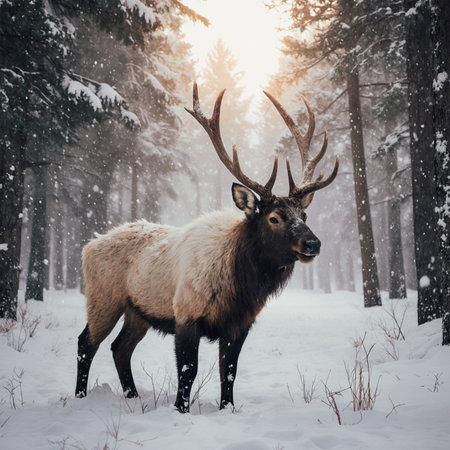 Elk in the winter forest. Cervus elaphusの素材