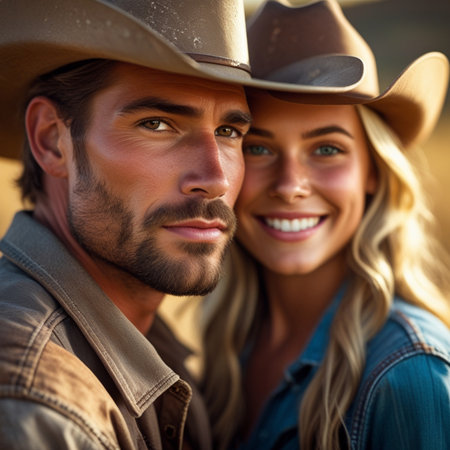 Portrait of happy couple in cowboy hats looking at camera in countrysideの素材