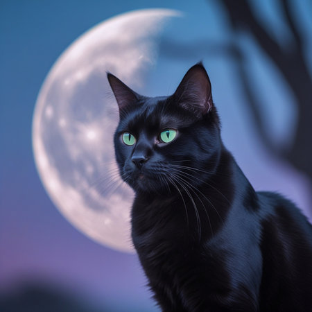 Black cat with green eyes on the background of a full moon.の素材