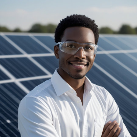 smiling african american man in eyeglasses standing near solar panelsの素材