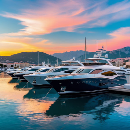 Luxury yachts and motor boats in marina at sunset.の素材