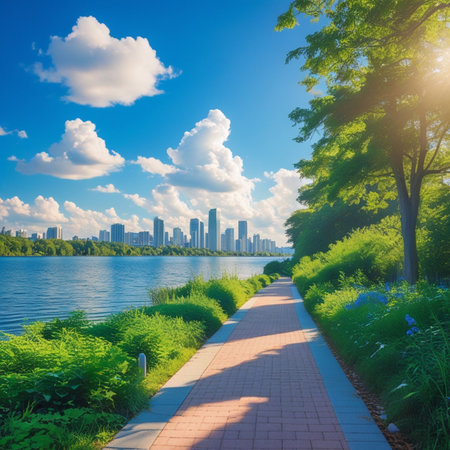 Scenery of a park by the lake under blue sky with white cloudsの素材