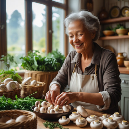 Mature woman cooking mushrooms in the kitchen. Healthy food concept.の素材
