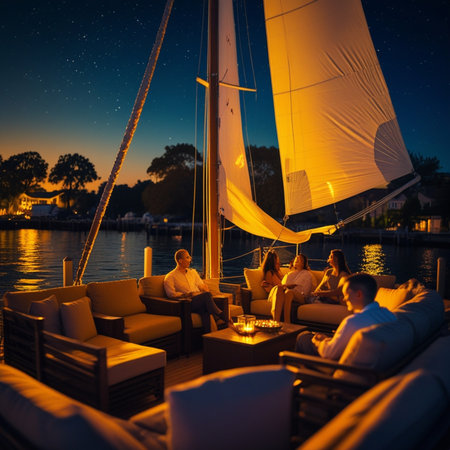 Couple sitting on the terrace of a sailboat at nightの素材