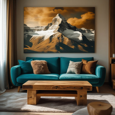 Modern living room with blue sofa, pillows and mountains in the backgroundの素材