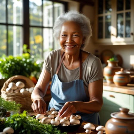Portrait of smiling senior woman in apron cooking mushrooms in kitchenの素材