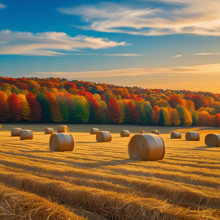 Autumn landscape with hay bales on the field at sunset.の素材