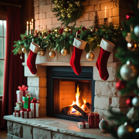 Christmas and New Year background with fireplace, Christmas tree and gifts.の素材