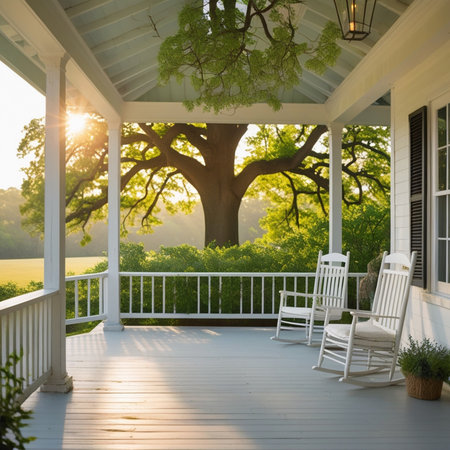 White chair on the veranda of a house with big tree at sunriseの素材