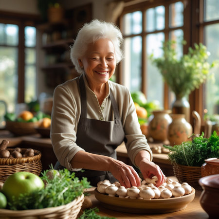 Cheerful senior woman cooking mushrooms in kitchen at home. She is looking at camera and smilingの素材