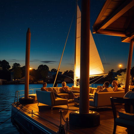 Couple sitting on a yacht at night in the harbor. Romantic evening on the yacht.の素材