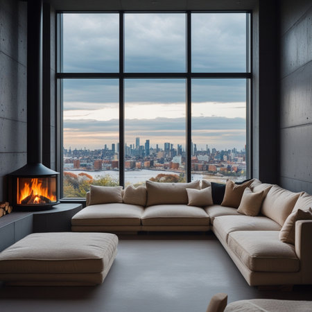 Modern living room interior with a panoramic view of New York City.の素材