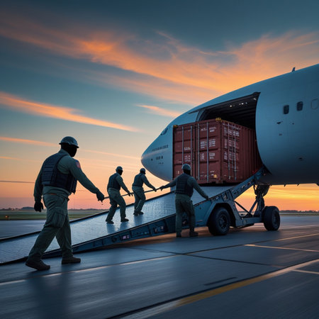 Airport staff unloading cargo from a cargo plane at sunset.の素材