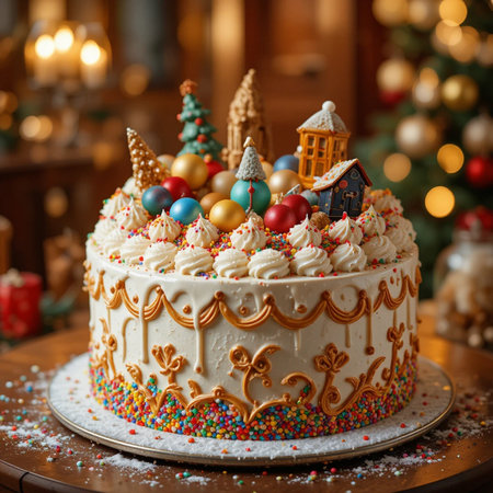 Christmas cake with gingerbread house, Christmas tree and colorful baublesの素材